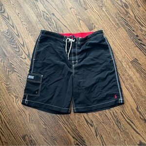 Vintage Polo Ralph Lauren Board Shorts Swim Trunks Black With White Stitching